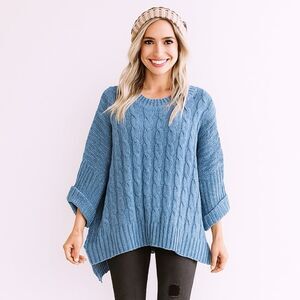 Umgee Blue Chenille 3/4 Sleeves Sweater Oversized Chunky Knit size Small